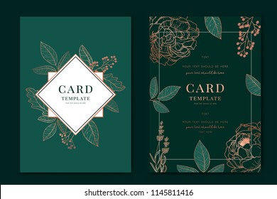 Greenery greeting/invitation card template design, metallic copper peony flowers and tropical leaf with green background