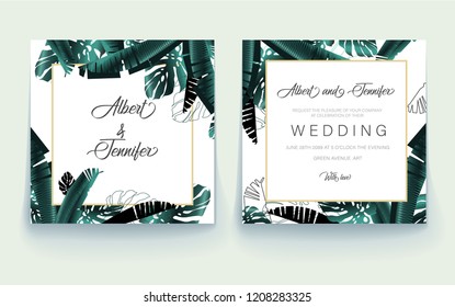 Greenery greeting/invitation card template design, dark green leaves with white square frame on white background. Vector EPS 10