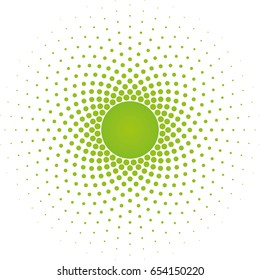 Verde Meio-tom círculo quadro vetor elemento de design em fundo branco. Os pontos meio tonificados piscam a luz com efeito de esmaecimento de Halo. Ilusão óptica da flor do espirografo de meio tom.
