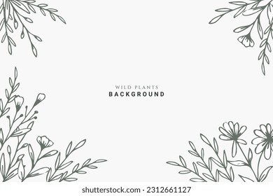 Greenery hand drawn leaves and flowers on white background. Beautiful green floral botanical background for wedding, engagement, or greeting cards