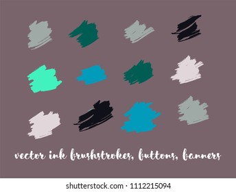Greenery Hand Drawn Vector Banner Set. Graffiti Logos, Paint Brush Smears. Trendy Artistic Ads Button, Graffiti Paintbrush Doodles. Natural Concept Vector Banner Set. Ink Splash and Backgrounds