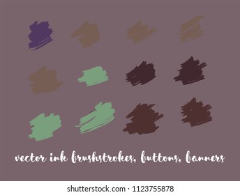 Greenery Hand Drawn Vector Banner Set. Graffiti Logo, Paint Brushstrokes. Modern Textured Ads Button, Artistic Paintbrush Doodles. Natural Concept Vector Banner Set. Ink Splats and Backgrounds