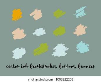 Greenery Hand Painted Vector Banner Set. Graffiti Logo, Paint Brushstrokes. Modern Textured Ads Button, Artistic Paintbrush Doodles. Natural Concept Vector Banner Set. Ink Splats and Backgrounds.