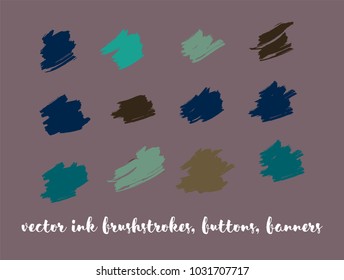Greenery Hand Painted Vector Banner Set. Graffiti Logos, Paint Brush Smears. Trendy Artistic Ads Button, Graffiti Paintbrush Doodles. Natural Concept Vector Banner Set. Ink Splash and Backgrounds