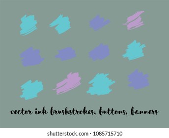 Greenery Hand Painted Vector Banner Set. Graffiti Logo, Paint Brush Smears. Modern Textured Ads Buttons, Artistic Paintbrush Doodles. Nature Hand Painted Vector Banner Set. Ink Splash and Backgrounds