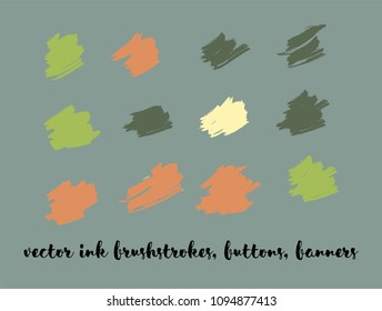 Greenery Hand Painted Vector Banner Set. Graffiti Logo, Paint Brush Stroke. Trendy Artistic Ads Button, Graffiti Paintbrush Doodles. Nature Hand Painted Vector Banner Set. Ink Splats and Backgrounds