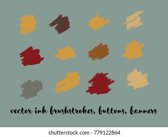 Greenery Hand Painted Vector Banner Set. Graffiti Logo, Paint Brushstrokes. Modern Textured Ads Button, Artistic Paintbrush Doodles. Nature Hand Drawn Vector Banner Set. Ink Splats and Backgrounds