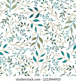 Greenery herbal pattern seamless design. Elegant berry branches wallpaper. Fabric fashion print. Natural stalk herbal branches pattern illustration. Botany wallpaper.