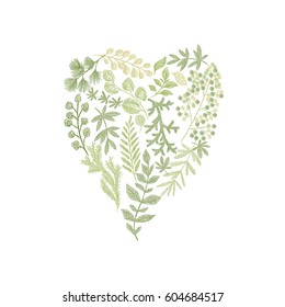 Greenery Herbs floral hand drawn composition in form of heart. Vector green leaf arrangement isolated on white background. Love spring design for card cover. Herbarium.