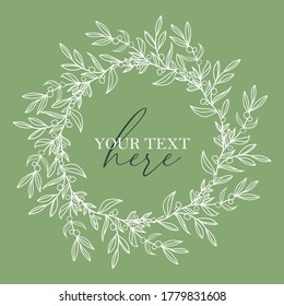 La vegetación, el marco de hojas y la corona de laurel con bayas. Elegante fondo floral. Banner web de promoción cuadrada para aplicaciones móviles de medios sociales. Plantilla editable para publicaciones en redes sociales. Esquema.