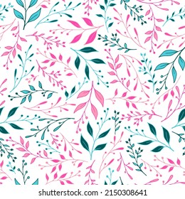 Greenery leaf stem pattern seamless design. Cute berry plants wallpaper. Textile fashion print. Decorative stalk leaf stem pattern illustration. Ecology wallpaper.