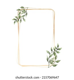 Greenery Leaf Watercolor With Geometric Luxury Gold Frame Isolated On White Background. Natural Border For Wedding, Invitation And Card Vector Illustration