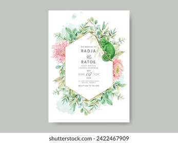 greenery leaves and beautiful chrysantemum watercolor  wedding invitation card set
