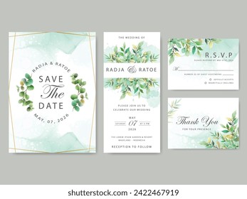 greenery leaves and beautiful chrysantemum watercolor  wedding invitation card set