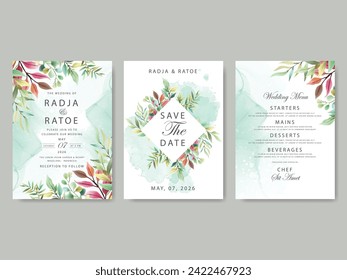 greenery leaves and beautiful chrysantemum watercolor  wedding invitation card set