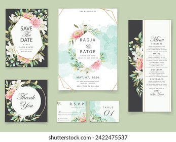 greenery leaves and beautiful chrysantemum watercolor  wedding invitation card set