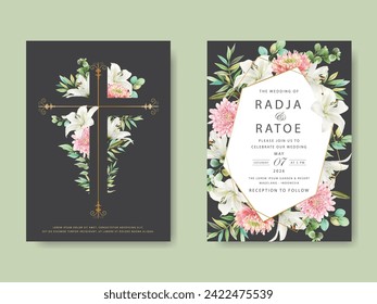 greenery leaves and beautiful chrysantemum watercolor  wedding invitation card set