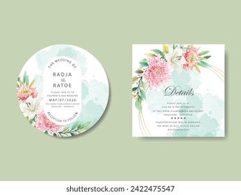 greenery leaves and beautiful chrysantemum watercolor  wedding invitation card set