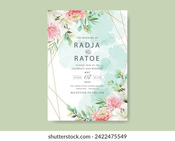 greenery leaves and beautiful chrysantemum watercolor  wedding invitation card set