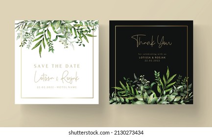 greenery leaves watercolor wedding invitation card template