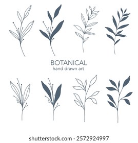 Greenery Line Art. Botanical Background trendy minimalist leaves and branches. Hand drawn floral elements. Floral Line Art Illustration. Luxury Line Floral Art.