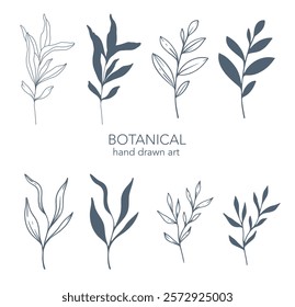 Greenery Line Art. Botanical Background trendy minimalist leaves and branches. Hand drawn floral elements. Floral Line Art Illustration. Luxury Line Floral Art.