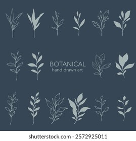 Greenery Line Art. Botanical Background trendy minimalist leaves and branches. Hand drawn floral elements. Floral Line Art Illustration. Luxury Line Floral Art.