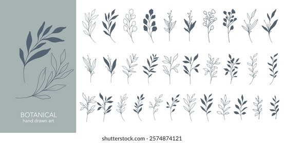 Greenery Line Art. Botanical Background trendy minimalist leaves and branches. Hand drawn floral elements. Floral Line Art Illustration. Luxury Line Floral Art.