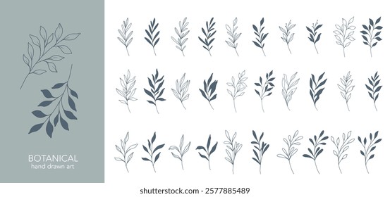 Greenery Line Art. Botanical Background trendy minimalist leaves and branches. Hand drawn floral elements. Floral Line Art Illustration. Luxury Line Floral Art.