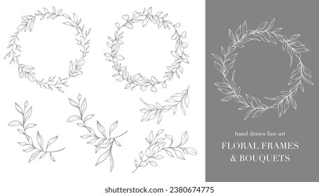 Greenery Line Art. Floral Frames and Bouquets Line Art. Fine Line Greenery Frames Hand Drawn Illustration. Hand Draw Outline Leaves. Botanical Coloring Page. Greenery Isolated