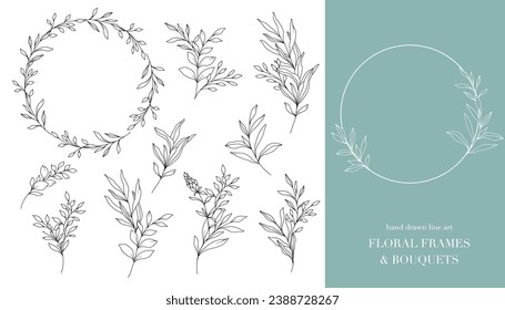 Greenery Line Art. Floral Frames and Bouquets Line Art. Fine Line Greenery Frames Hand Drawn Illustration. Hand Draw Outline Leaves. Botanical Coloring Page. Greenery Isolated