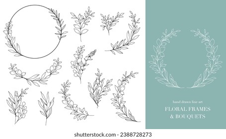 Greenery Line Art. Floral Frames and Bouquets Line Art. Fine Line Greenery Frames Hand Drawn Illustration. Hand Draw Outline Leaves. Botanical Coloring Page. Greenery Isolated