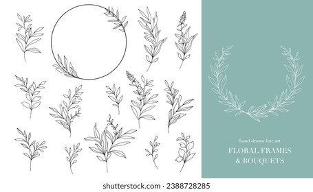 Greenery Line Art. Floral Frames and Bouquets Line Art. Fine Line Greenery Frames Hand Drawn Illustration. Hand Draw Outline Leaves. Botanical Coloring Page. Greenery Isolated