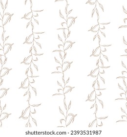 Greenery line art leaves, hand drawn simple floral seamless pattern, pastel color. Vector background for prints, textile fabric, wallpapers,scrapbook, wrapping paper