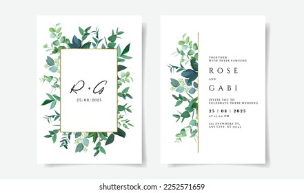 Greenery minimalist vector frames. Hand painted branches, leaves on white background. Greenery wedding simple invitations. Watercolor stylish botanic cards. All elements are isolated and editable