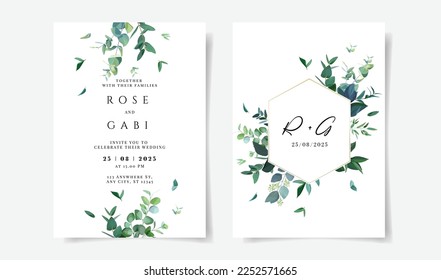 Greenery minimalist vector frames. Hand painted branches, leaves on white background. Greenery wedding simple invitations. Watercolor stylish botanic cards. All elements are isolated and editable