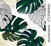 Greenery monstera exotic leaves with golden line art seamless pattern design. Nature background,  luxury floral decoration, eco foilage flatlay view in vector.