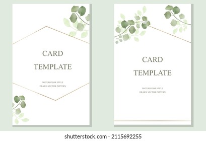 Greenery on the branches and foliage. A set of wedding invitation cards, postcard templates, rsvp. Vector