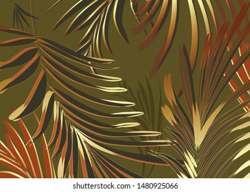Greenery palm pattern template, foliage leaves with gold foil hand drawn doodle graphics on green background. Modern design for wedding, invitation, web, banner, card, wallpaper vector illustration