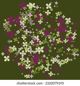 Greenery Pastel Flowers Lucky Illustration. Purple Floral Green Dark Clovers Confetti. Simple Vivid Summer Saint Patrick Nature Background. Vibrant Fourtune Holidays Spring Bright Picture.