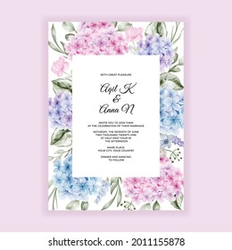 Greenery, pink blue hydrangea frame border wedding invitation