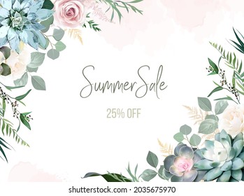 Greenery, pink rose flowers, echeveria succulent vector design invitation frame. Rustic wedding greenery. Mint, green tones. Watercolor save the date card. Summer rustic style. Isolated and editable