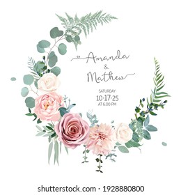 Greenery, pink and white peony, rose flowers vector design round invitation frame. Rustic wedding greenery. Mint, green tones. Watercolor save the date card. Summer rustic style. Isolated and editable