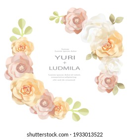 Greenery, pink and white peony, rose flowers vector design round invitation frame. Rustic wedding greenery.