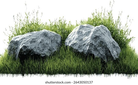 Greenery prairie growth grass rock cutout backgrounds, nature, fresh grass, outdoor scenery, landscape, natural rocks, lush plants, vibrant prairie, peaceful environment
