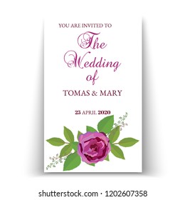 Greenery rustic wedding invitation template with rose and leaf. Printable wedding invites. Rustic wedding invitations cards. Garden wedding templates.