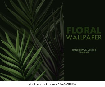 Greenery safari palm tree summer  leaf on dark background. Natural wildlife vector  resort design, botanical  leaves floral art.  Hand-drawn vector vacation poster,  exotic invite.