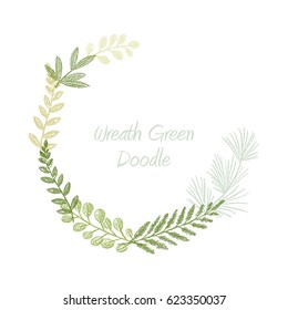 Greenery scribble hand drawn foliage border vector, greeting, invitation or wedding card template. Green leaf frame. Spring floral wreath