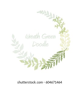 Greenery scribble hand drawn herb border vector, greeting, invitation or wedding card template. Green leaf frame. Spring floral wreath.