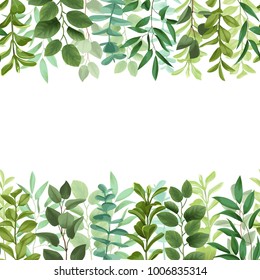 Greenery seamless double border isolated on white background. Wallpaper from pattern with herb and bushes branches with leaves in watercolor stylization.